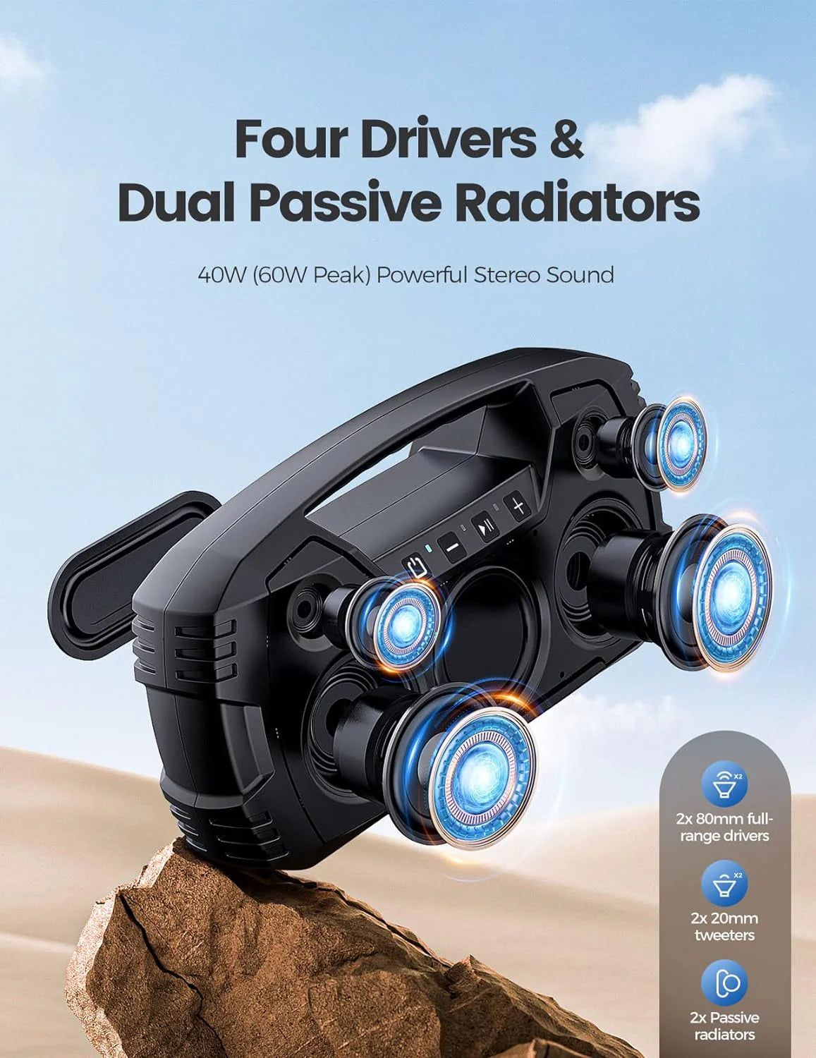 Portable Bluetooth Speaker 40W, IPX7 Waterproof