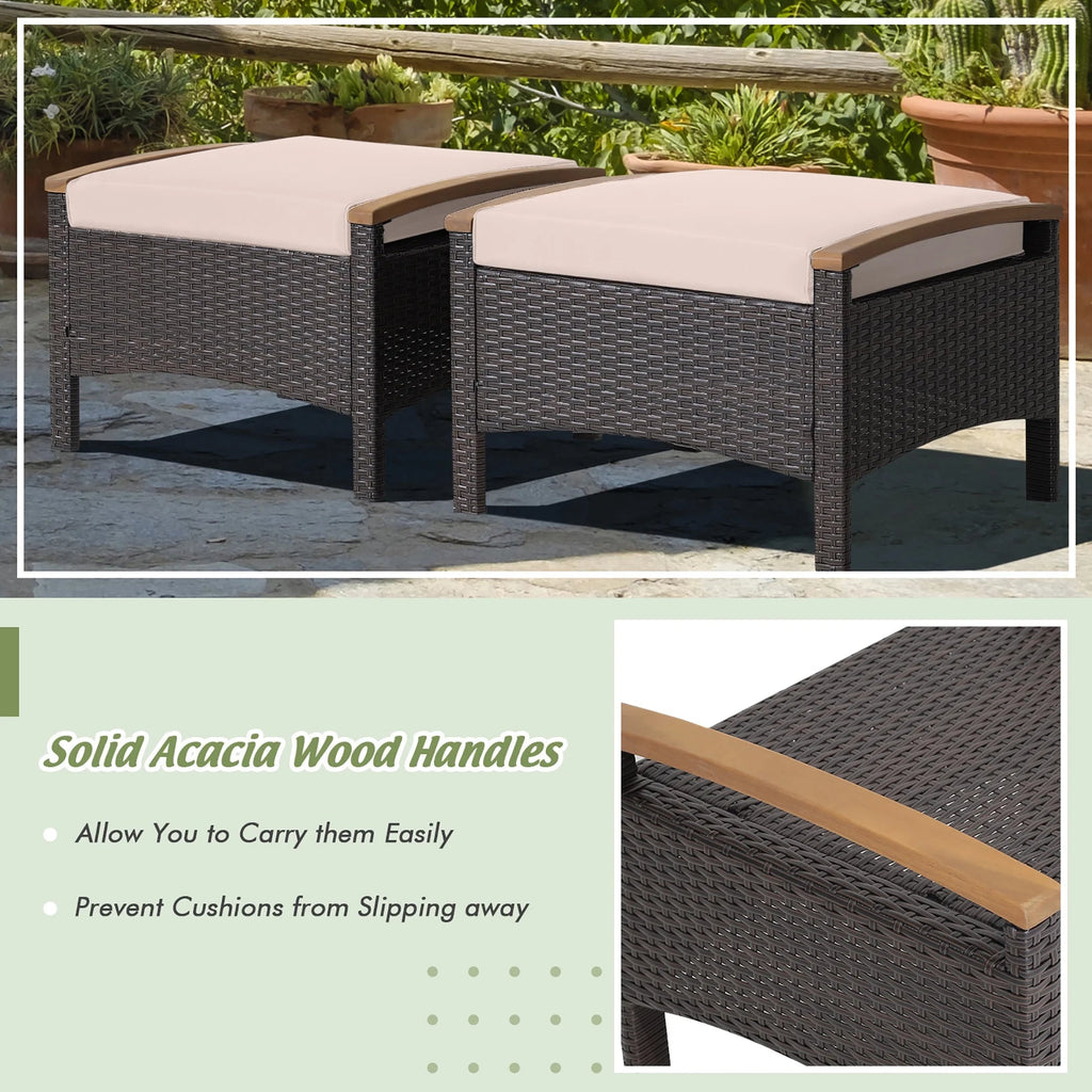 Costway Set Of 2 Patio Rattan Ottoman Footrests With Cushions, Mix Brown/Beige, 25 x 20 x 16 in
