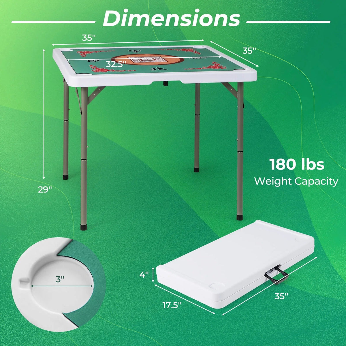 Costway Folding Mahjong Table With Cup Holders, Felt Mat And Carrying Handle - 35in x 35in x 29in