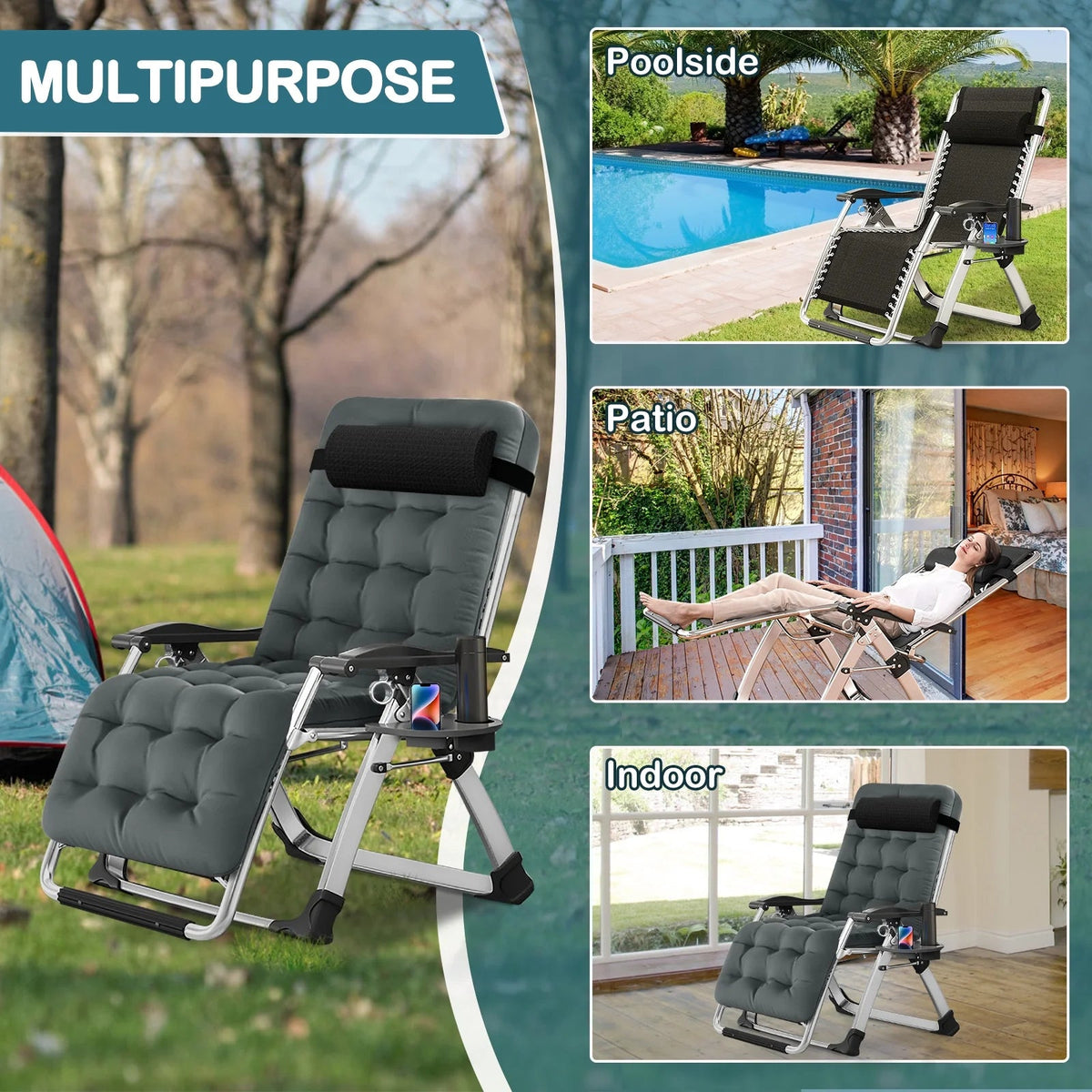 NAIZEA Zero Gravity Chair With Removable Cushion, Cup Holder, and Black Color
