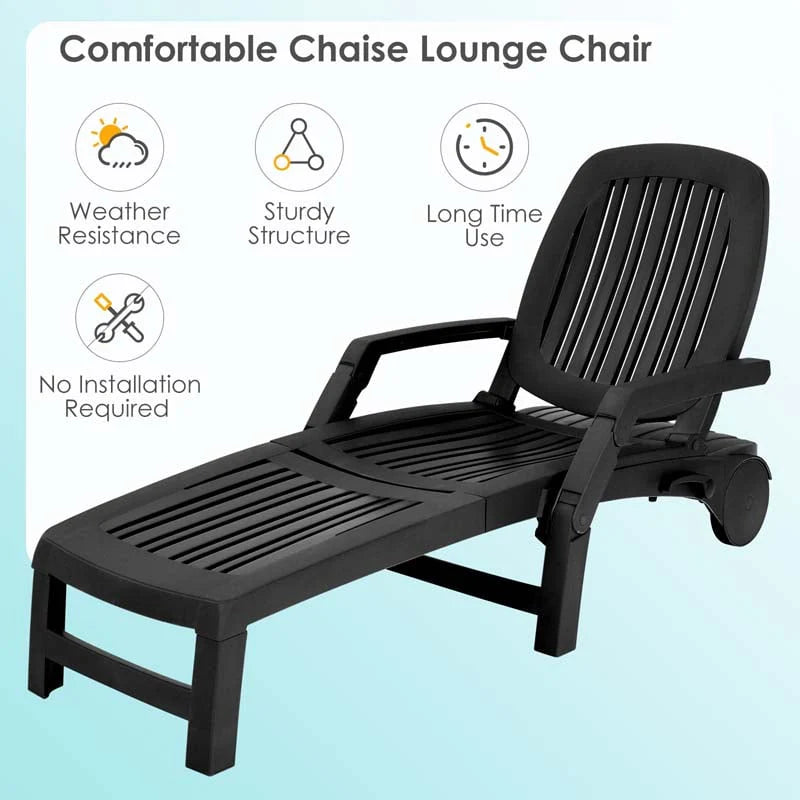 Folding Plastic Outdoor Chaise Lounge Chair With Wheels, 6-Position, 65.5 x 29 x 16.5-37 in, 330 lbs