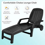 Folding Plastic Outdoor Chaise Lounge Chair With Wheels, 6-Position, 65.5 x 29 x 16.5-37 in, 330 lbs