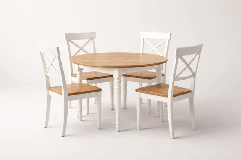 Wood Dining Set With Natural Wood Top And White Powder-Coated Frame - 100 cm, 76 cm, 40 cm, 45 cm, 90 cm