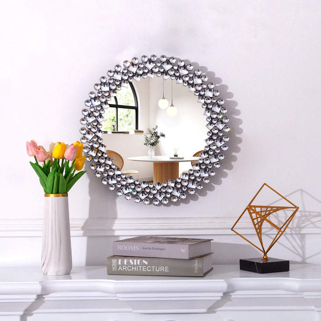 Round Crystal Accent Decorative Wall Mirror - 18/24/34 in