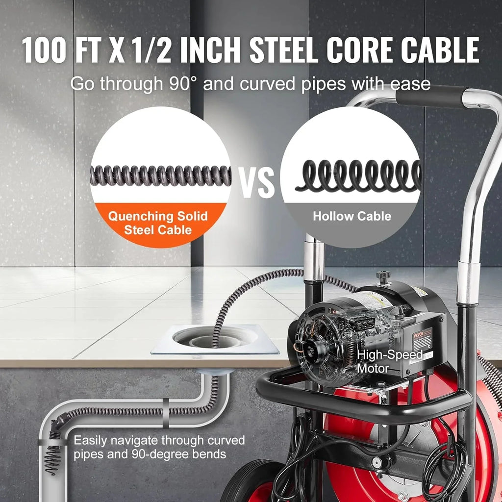 VEVOR Drain Cleaner Machine 100FT x 1/2 Inch, 550W, Red + Black - Drain Cleaner Machine 100 FT x 1/2 Inch