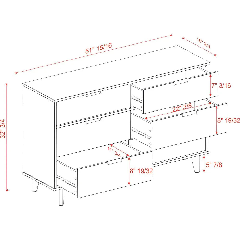 6-Drawer Caramel Mid-Century Modern Solid Pine Wood Dresser