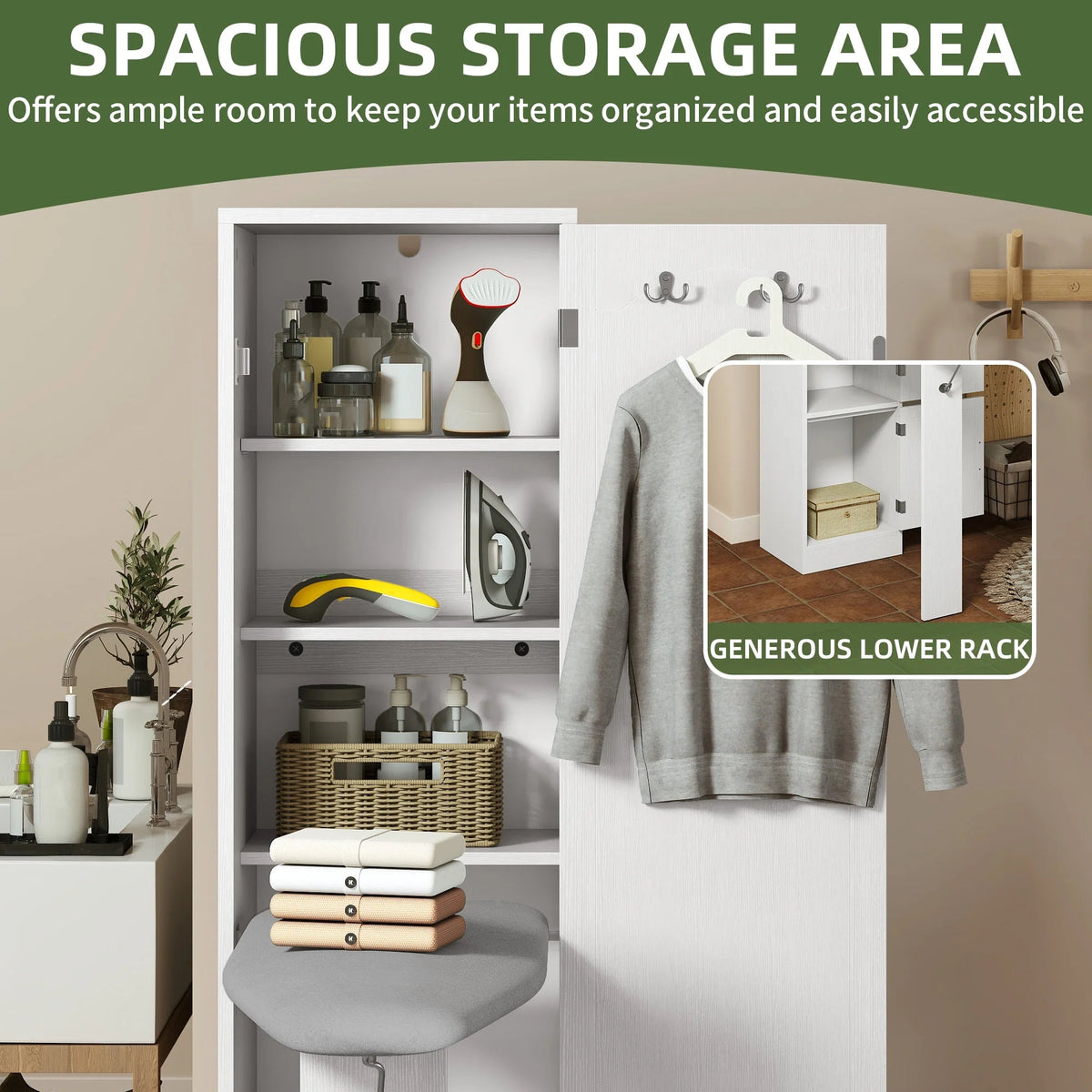 Uforic Ironing Board Storage Cabinet With Foldable Board, Support Leg, White