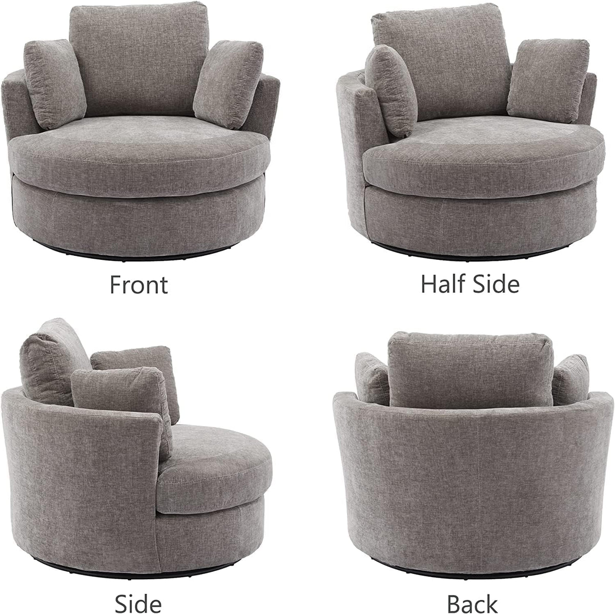 42in W Swivel Barrel Chair, Chenille Fabric, Grey