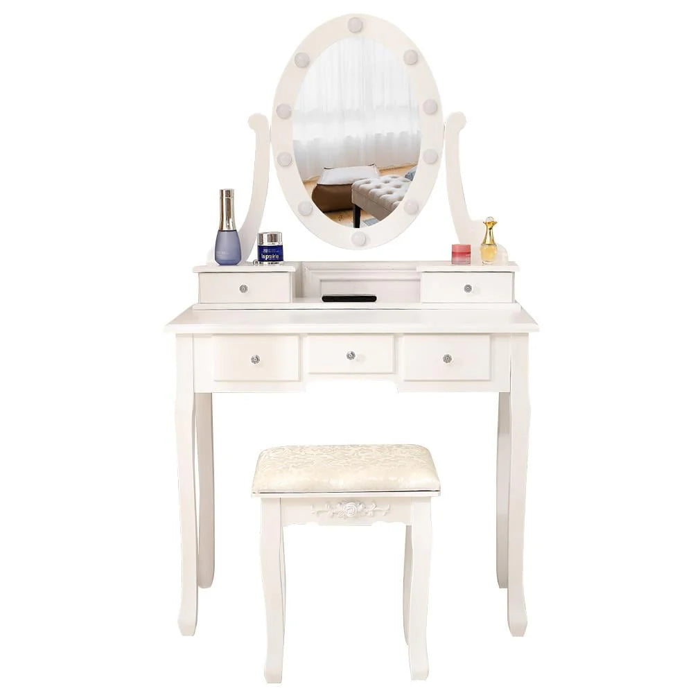Ktaxon Vanity Table Set With 10 LED Lights, 5 Drawers, Cushioned Stool, White