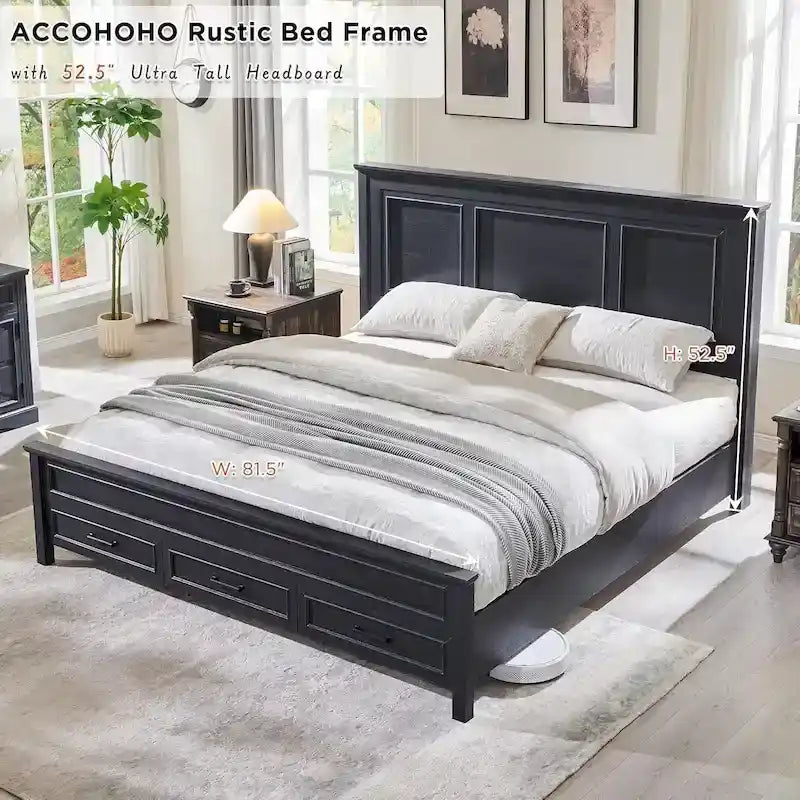 King Engineered Wood Platform Bed Frame With Headboard And 3 Drawers - 86L x 81.5W x 52.5H