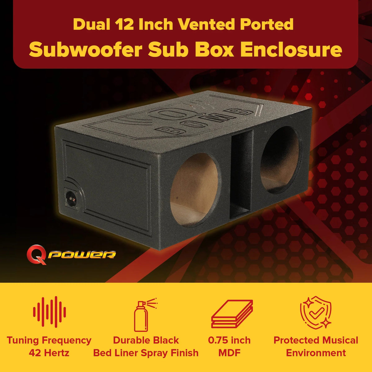 QPower Dual 12 Inch Vented Car Subwoofer Enclosure - QBOMB12VL