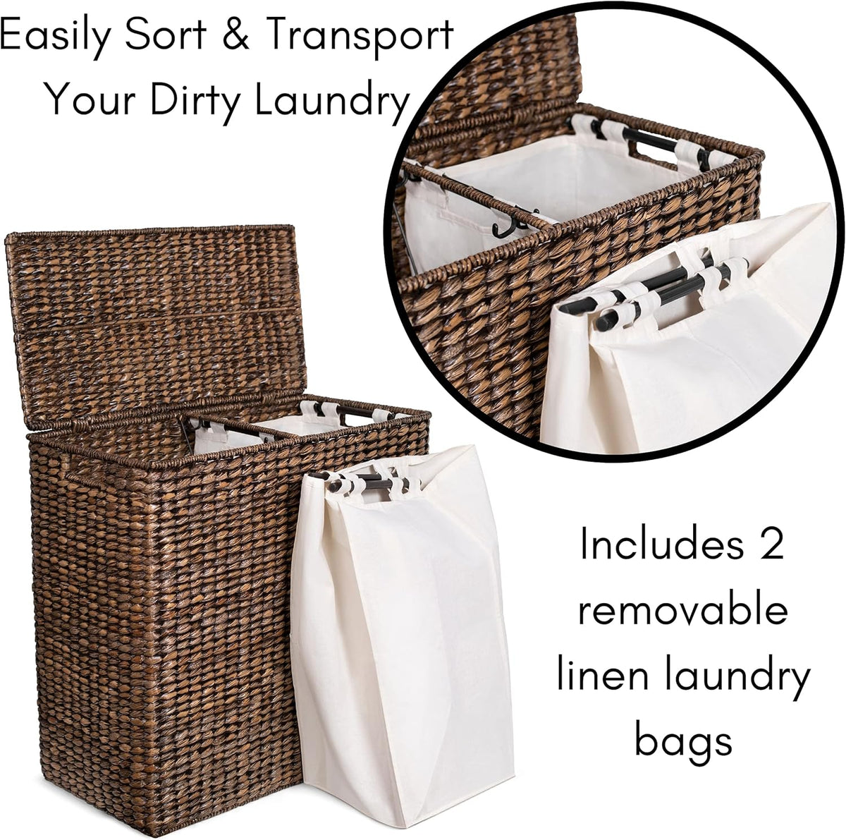 Sofia + Sam Oversized Divided Seagrass Hamper With 2 Canvas Liners, 28 x 14 x 27 Inches - 4602