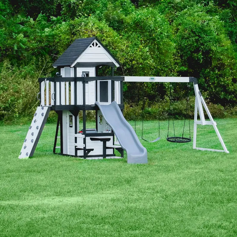 Backyard Discovery Canyon Creek Cedar Wood Swing Set With Wave Slide, Clubhouse, Play Kitchen, 183 x 188 x 119 Inches