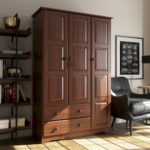 3-Door Solid Wood Wardrobe Armoire With 2 Drawers - 72in H x 45.8in W x 20.75in D