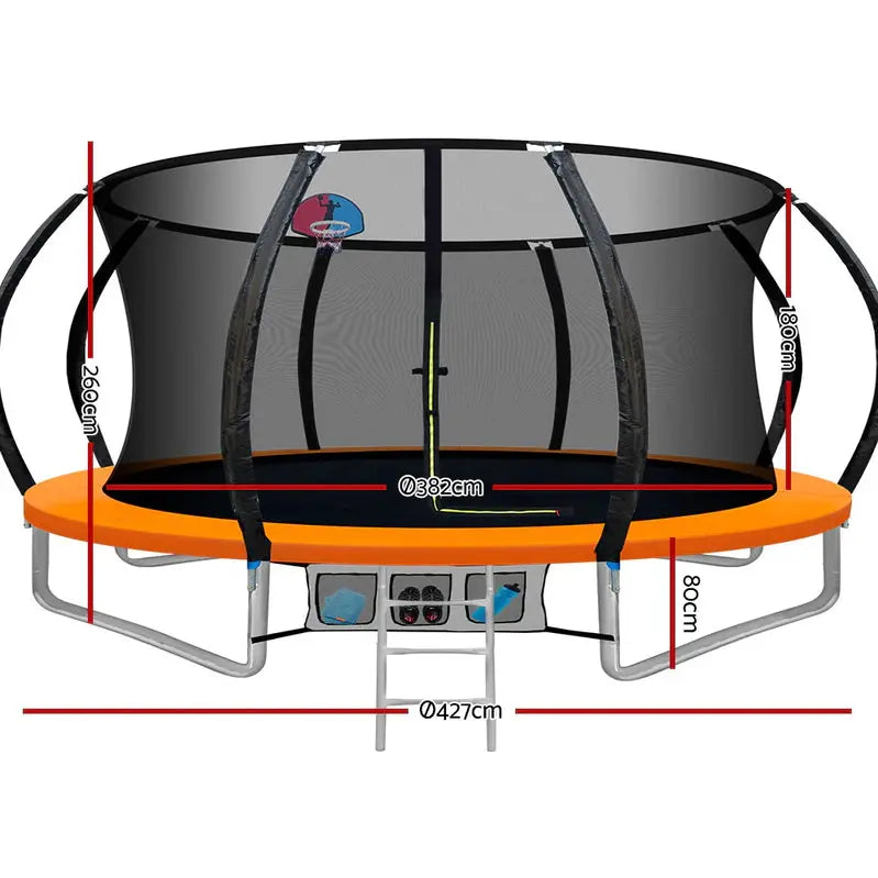 14-Foot Trampoline With Safety Enclosure, Ladder, Basketball Hoop And Orange Frame