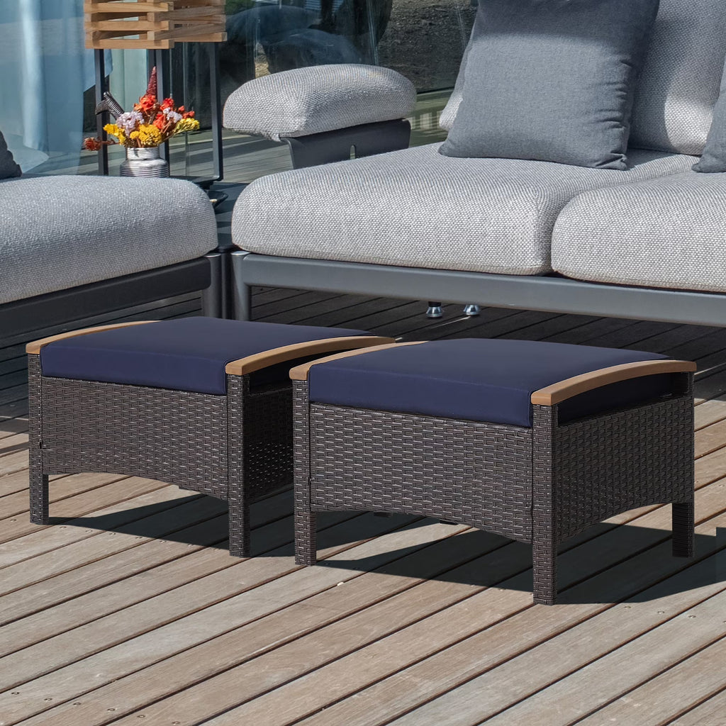 Costway Set Of 2 Patio Rattan Ottoman Footrests With Cushions, Mix Brown/Beige, 25 x 20 x 16 in