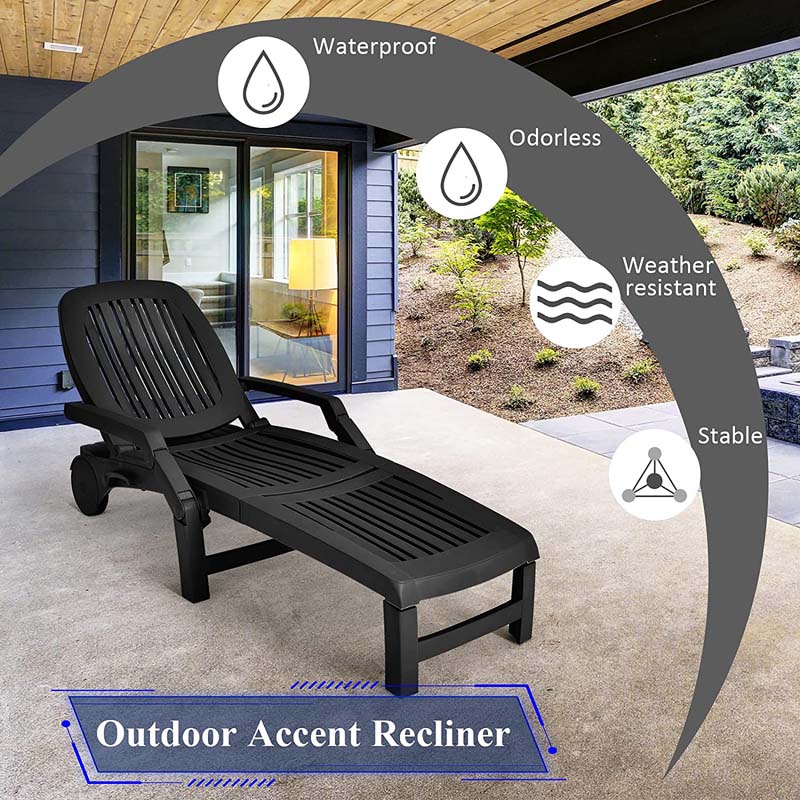 Folding Plastic Outdoor Chaise Lounge Chair With Wheels, 6-Position, 65.5 x 29 x 16.5-37 in, 330 lbs