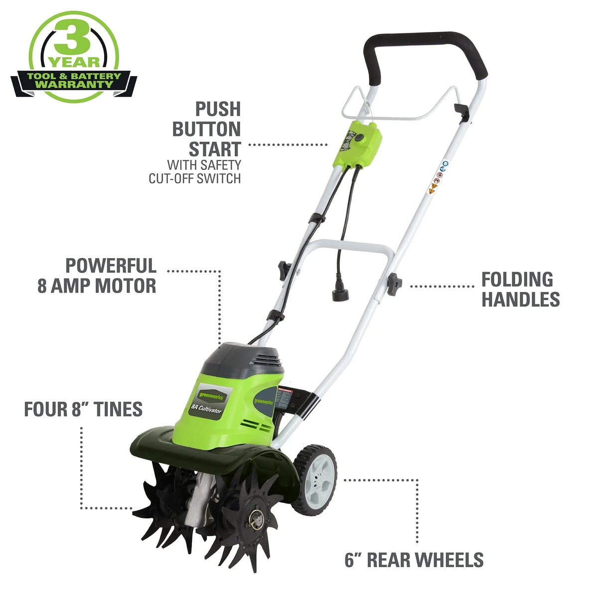 Greenworks Corded Electric Cultivator/Tiller, 8 Amp, 10-inch - 27072