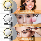 8 Inch Round Wall-Mounted Makeup Mirror, Rechargeable, 1X/10X Magnification, 3-Color LED Lights