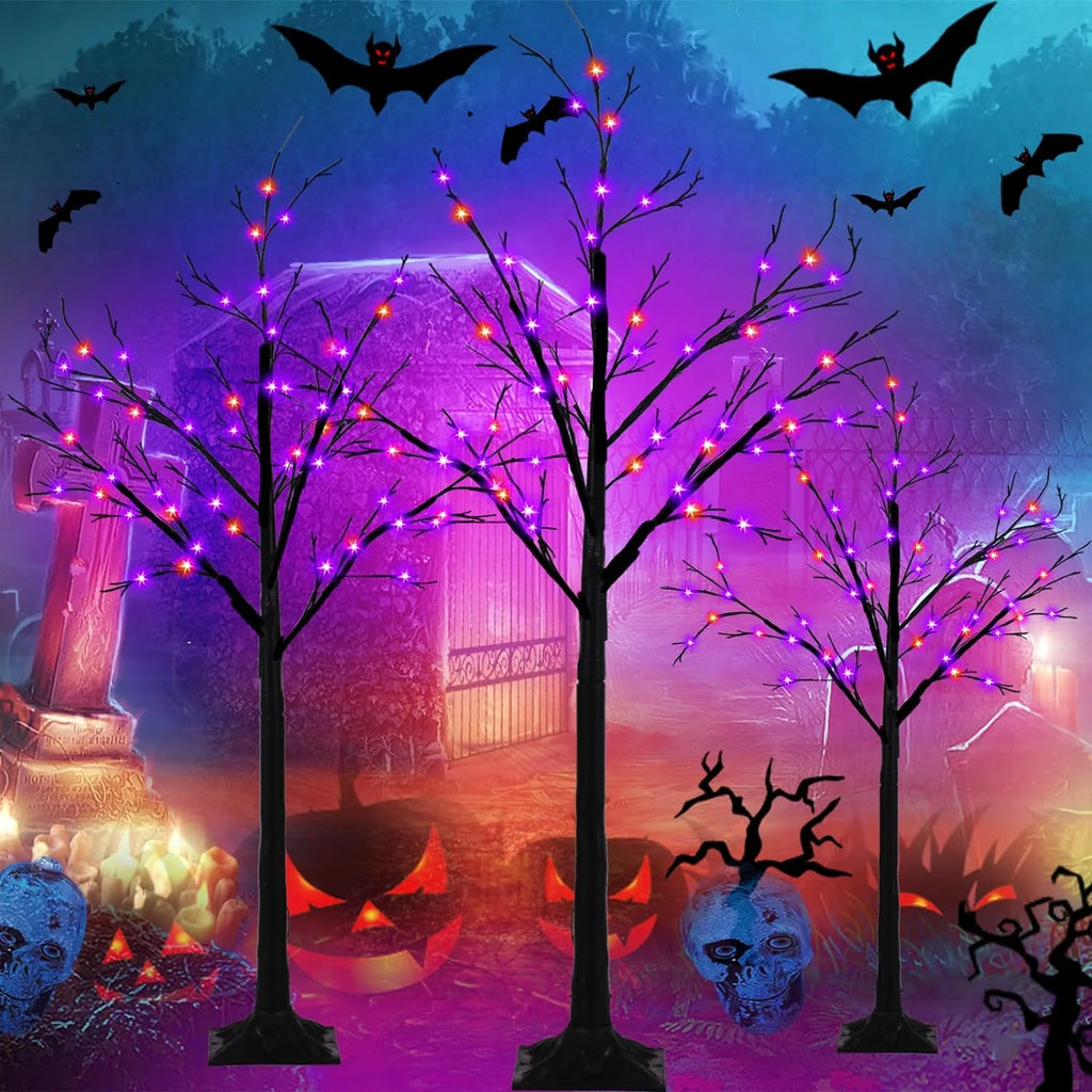 Albelt Lighted Black Halloween Trees, Set Of 3, 4FT 5FT 6FT, 96 LED Lights, Orange And Purple - GP-SW240DC0150T-IP44(US)