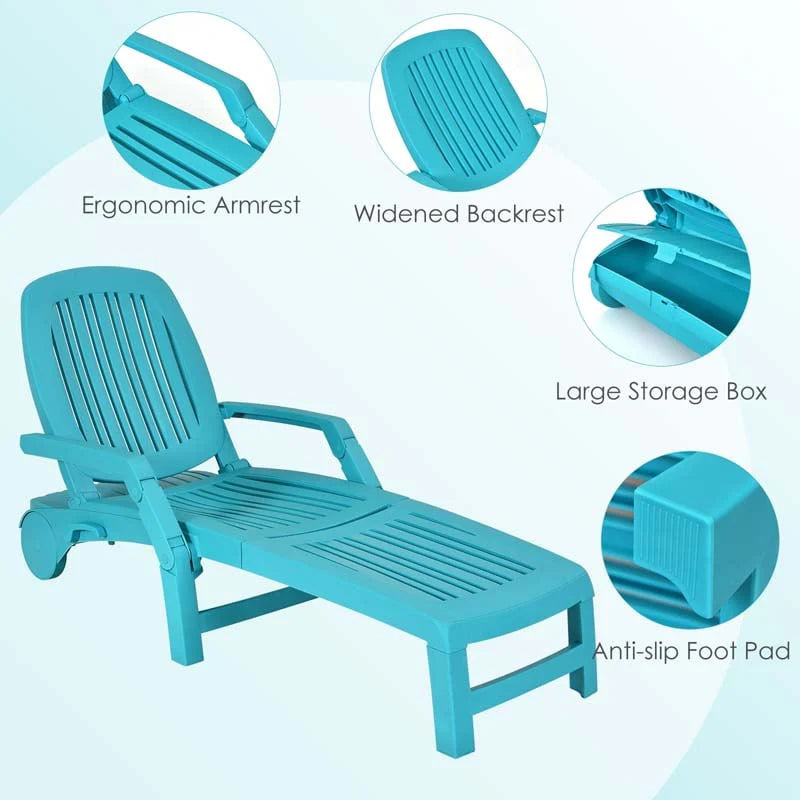 Folding Plastic Outdoor Chaise Lounge Chair With Wheels, 6-Position, 65.5 x 29 x 16.5-37 in, 330 lbs