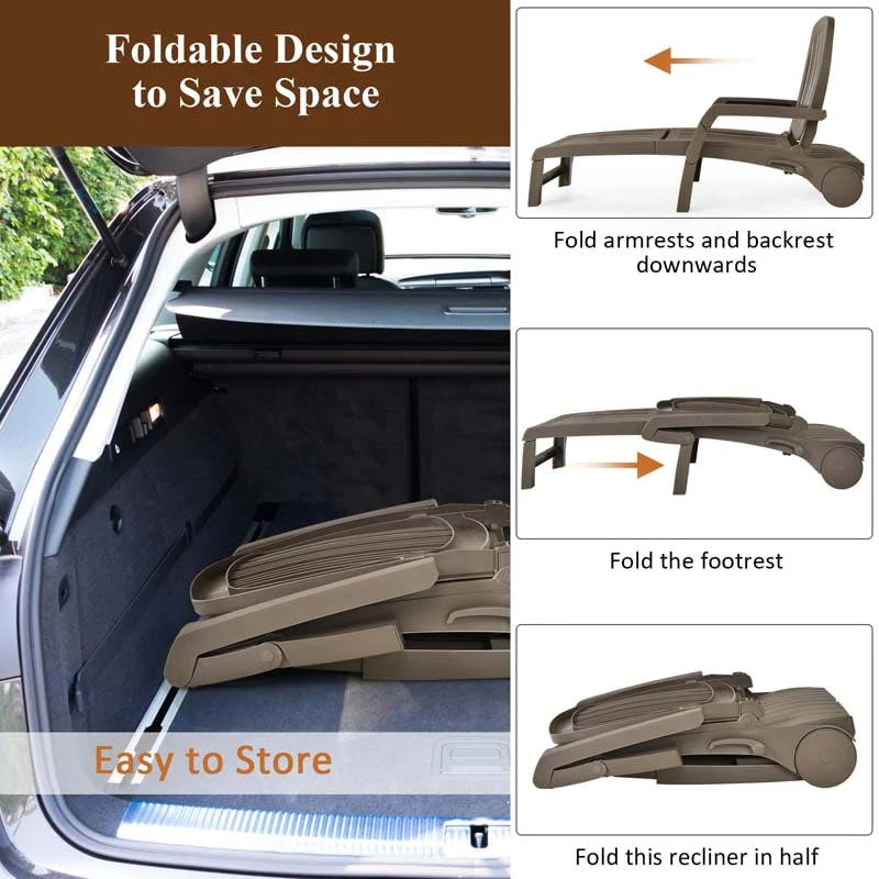 Folding Plastic Outdoor Chaise Lounge Chair With Wheels, 6-Position, 65.5 x 29 x 16.5-37 in, 330 lbs