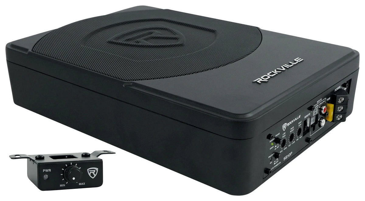 Rockville Slim Under-Seat Powered Car Subwoofer And Amp Installation Kit, 10in 800W - SS10P/RWK81