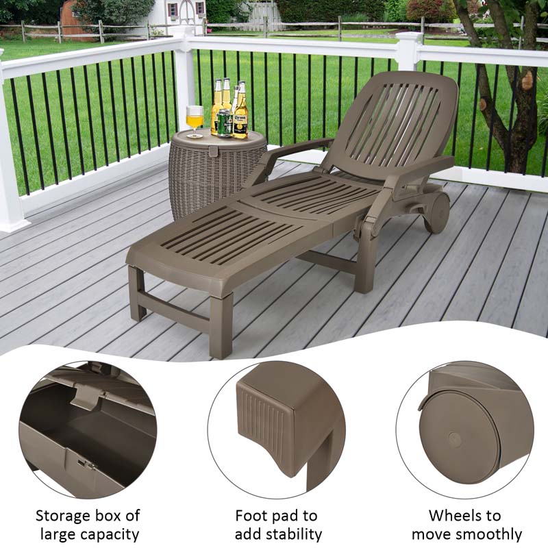 Folding Plastic Outdoor Chaise Lounge Chair With Wheels, 6-Position, 65.5 x 29 x 16.5-37 in, 330 lbs