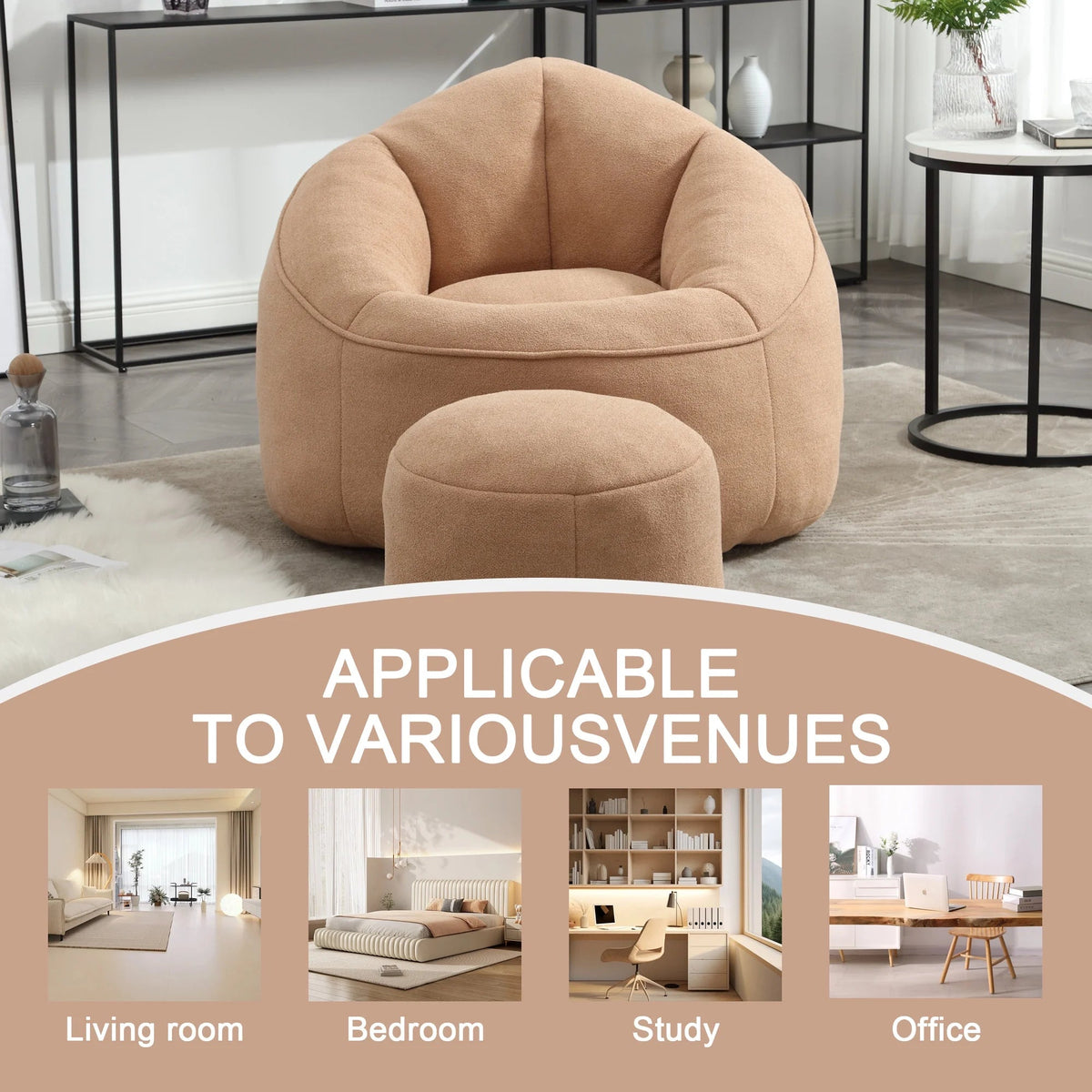 MOONMISS Microfiber Upholstered Round Bean Bag Sofa Chair With Ottoman - Gray