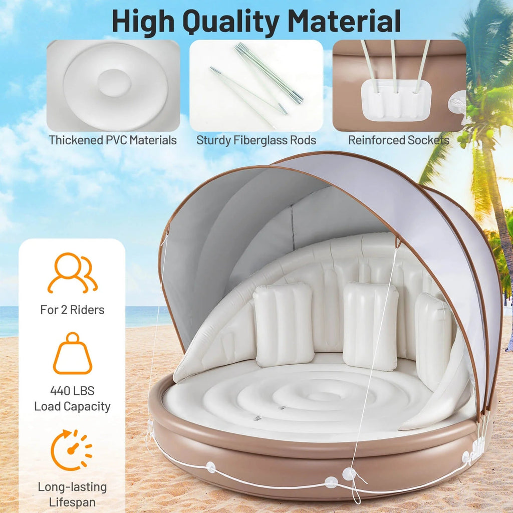 Costway Canopy Inflatable Pool Float Lounge, 71'' x 71'' x 63'' - White Brown Silver