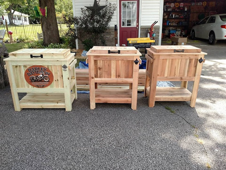 Inked Woodworking 48 Quart Antiqued Cedar Cooler Stand With Brass Drain, Bottle Opener And Cap Catcher