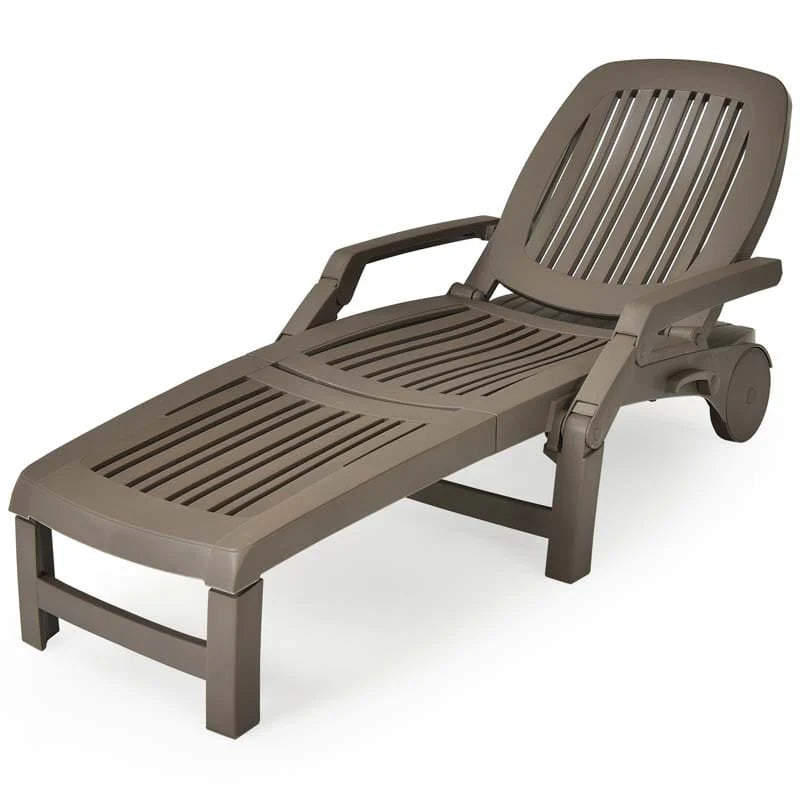 Folding Plastic Outdoor Chaise Lounge Chair With Wheels, 6-Position, 65.5 x 29 x 16.5-37 in, 330 lbs