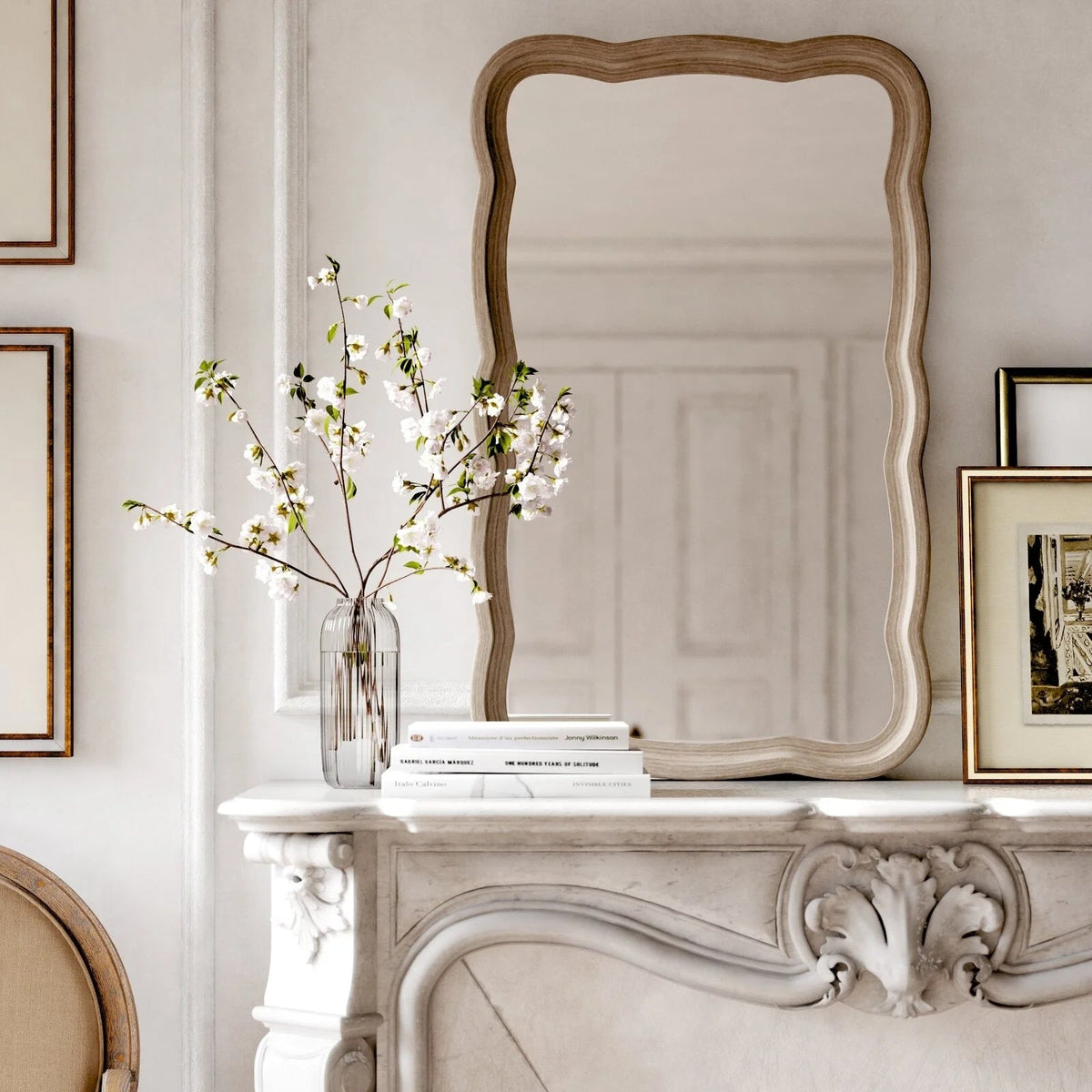 Curved Scallop Wood Frame Accent Mirror, 23.5 in L x 38 in W x 1 in H - Antique-Brown Or White