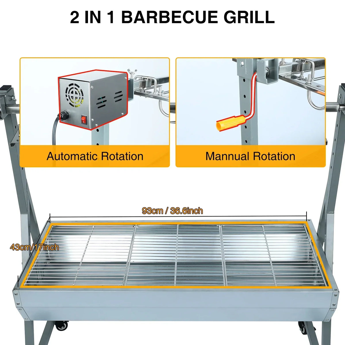 Rocita Charcoal Rotisserie Grill Roaster 132lbs, 38.5in x 18.1in, Stainless Steel, 25W Motor And Hand Crank