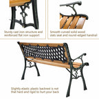 Cast Iron Outdoor Garden Bench, 49.5 x 20.5 x 29 in, Black + Natural