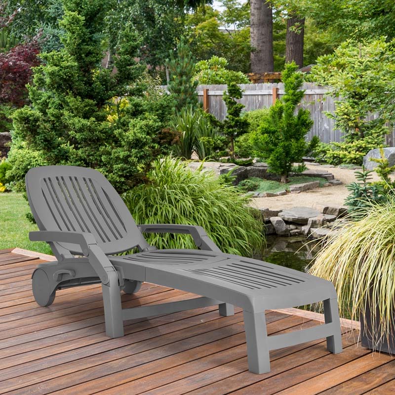 Folding Plastic Outdoor Chaise Lounge Chair With Wheels, 6-Position, 65.5 x 29 x 16.5-37 in, 330 lbs