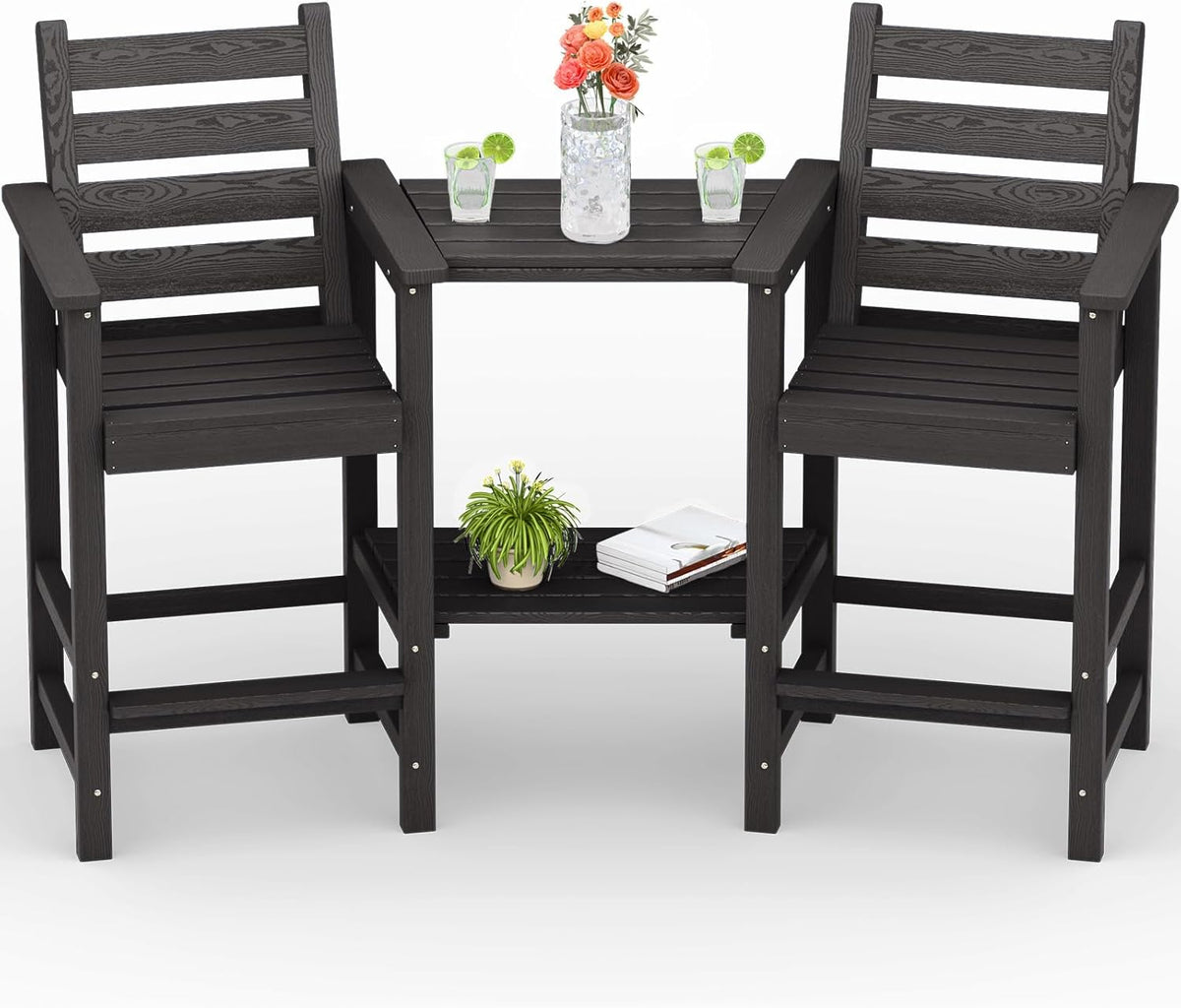 PLUUV Tall Adirondack Bar Chairs Set of 2, All-Weather HDPE - Removable Double Connecting Trays
