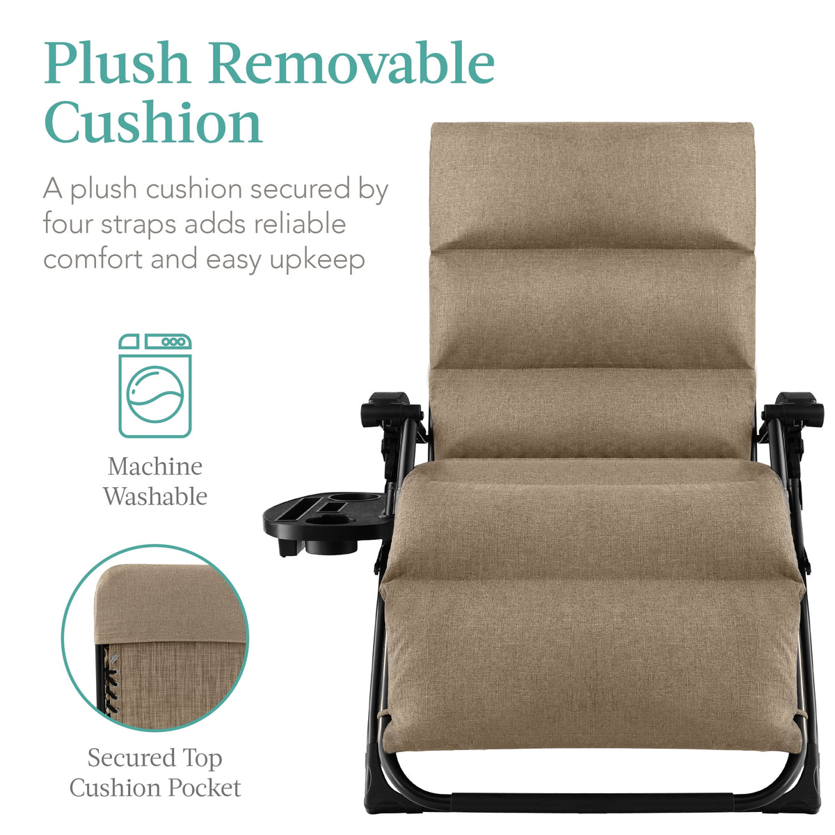 Best Choice Products Oversized Zero Gravity Folding Recliner With Removable Cushion And Side Tray - Fossil Gray