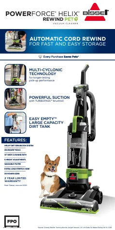 BISSELL PowerForce Helix Turbo Rewind Pet Upright Vacuum, Black & Green - 3333