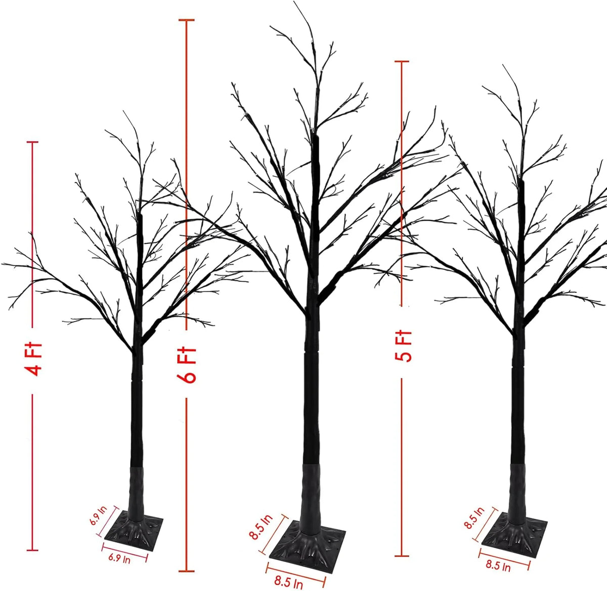 Albelt Lighted Black Halloween Trees, Set Of 3, 4FT 5FT 6FT, 96 LED Lights, Orange And Purple - GP-SW240DC0150T-IP44(US)