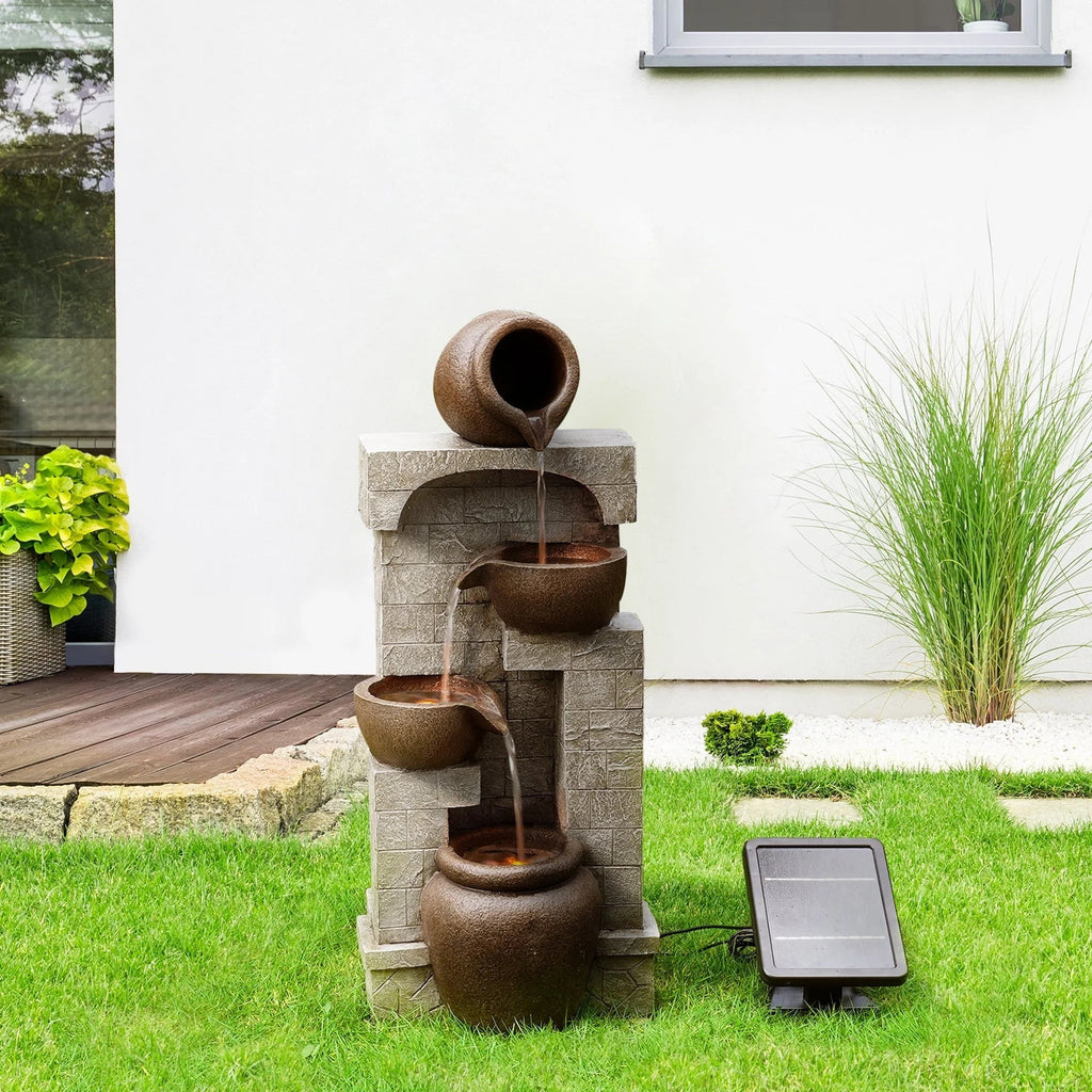 Teamson Home Solar Powered 4-Tier Cascading Bowls Garden Water Fountain With LED Lights, Brown, 28.5 in