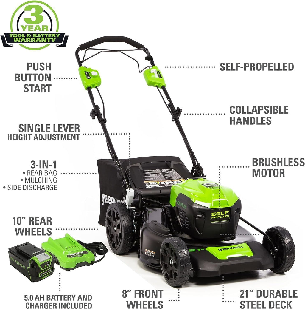 Greenworks 40V 21 inch Self-Propelled Lawn Mower, 500 CFM 120 MPH Axial Blower, 13 inch String Trimmer - 2 Batteries 5Ah+2Ah & Chargers