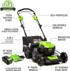 Greenworks 40V 21 inch Self-Propelled Lawn Mower, 500 CFM 120 MPH Axial Blower, 13 inch String Trimmer - 2 Batteries 5Ah+2Ah & Chargers
