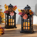 Set Of 2 Autumn Metal Lanterns With Fall Floral Accents And LED Candles