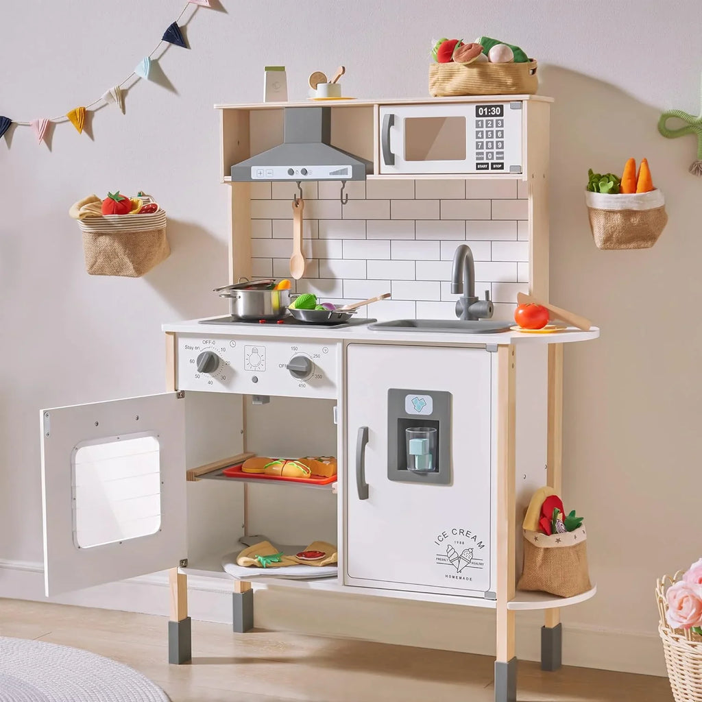 Tiny Land Wooden Children's Play Kitchen Set, White, 30.3 x 11.8 x 40 Inches