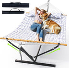 Double Outdoor Hammock With Adjustable Steel Stand, 500 LBS Capacity, Carrying Bag, White Grey