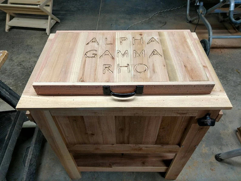 Inked Woodworking 48 Quart Antiqued Cedar Cooler Stand With Brass Drain, Bottle Opener And Cap Catcher