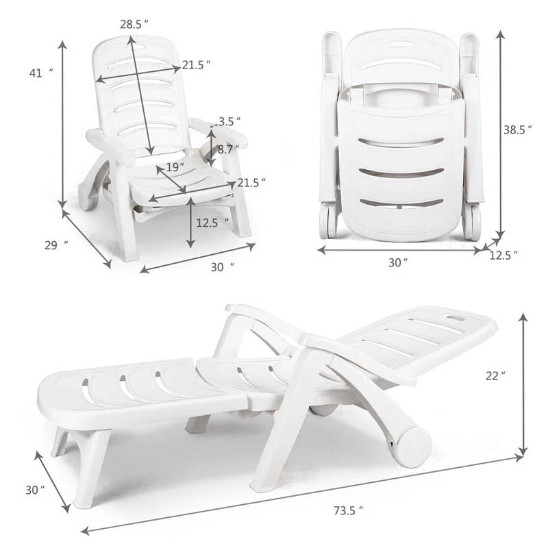 Rolling Folding Plastic Pool Lounge Chair With Armrests, 5 Position - Patio Deck Beach Chair