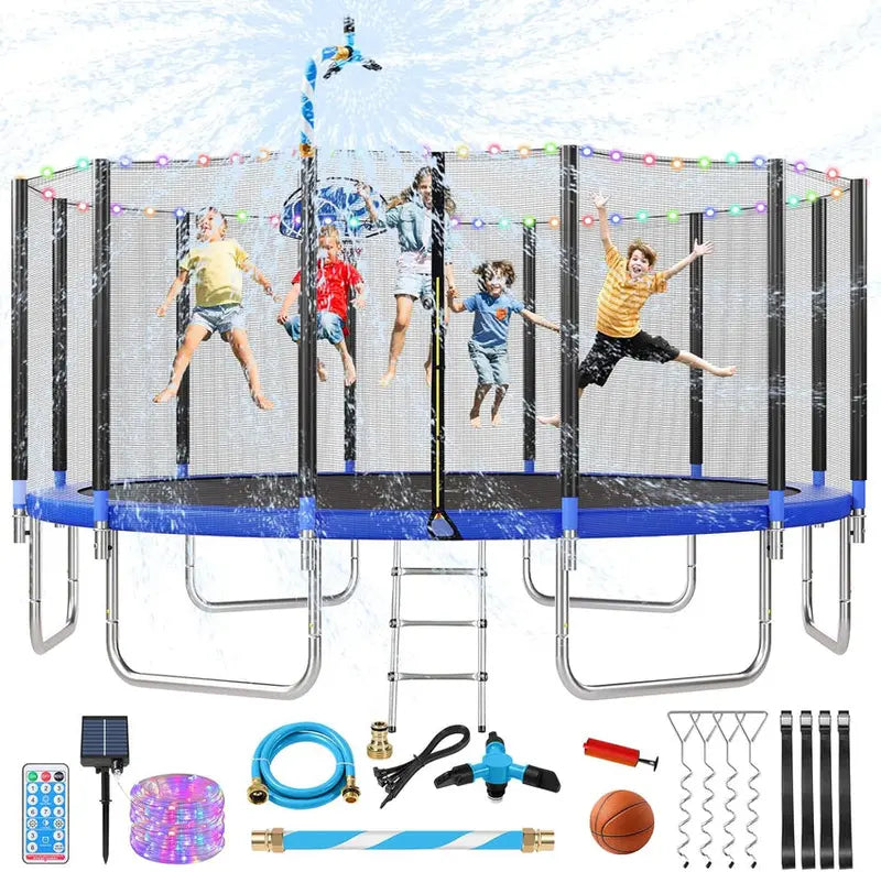 Trampoline With Enclosure Net And Adjustable Basketball Hoop - 8ft, 10ft, 12ft, 14ft, 15ft, 16ft