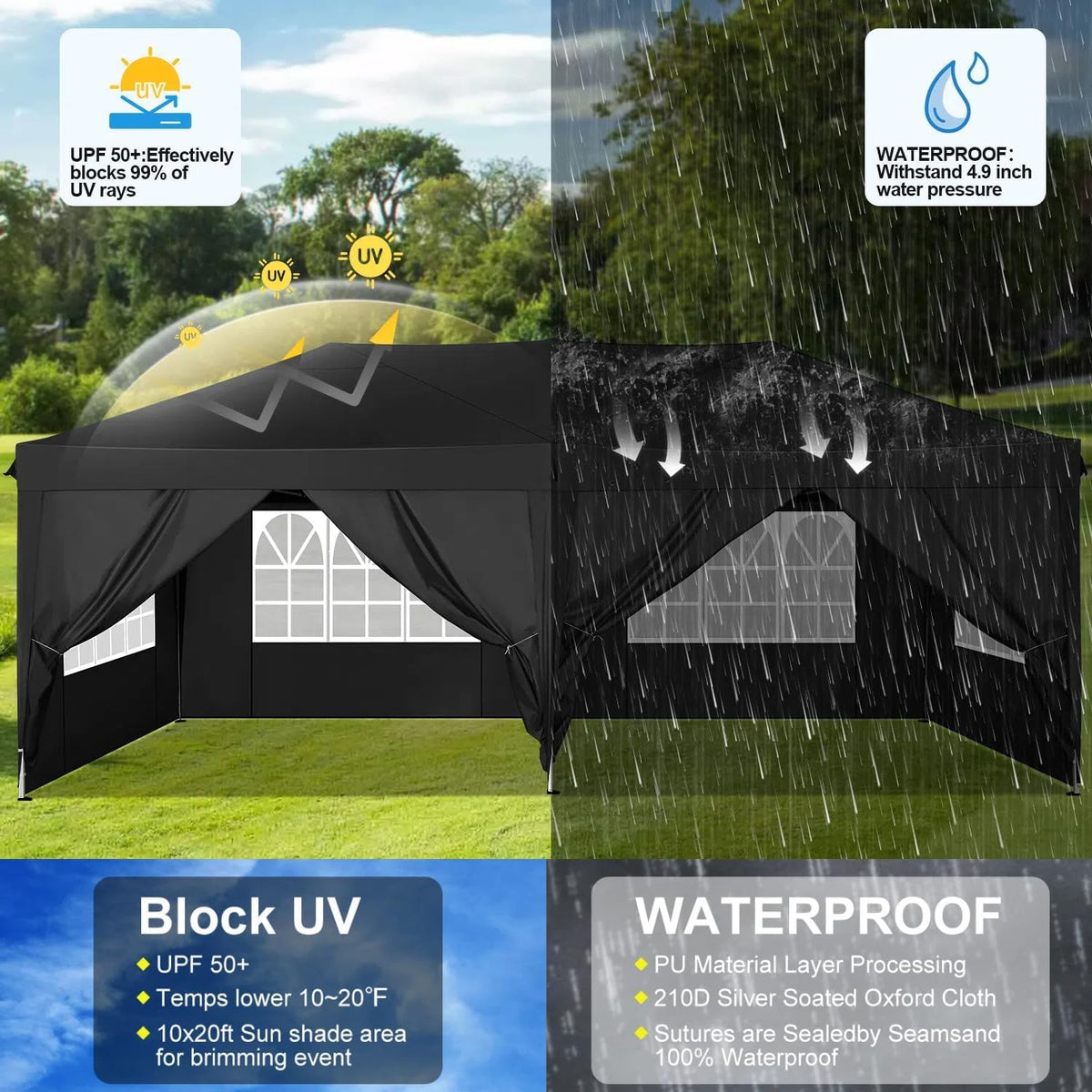 COBIZI Pop Up Canopy Tent 10x20ft With 6 Sidewalls, Black